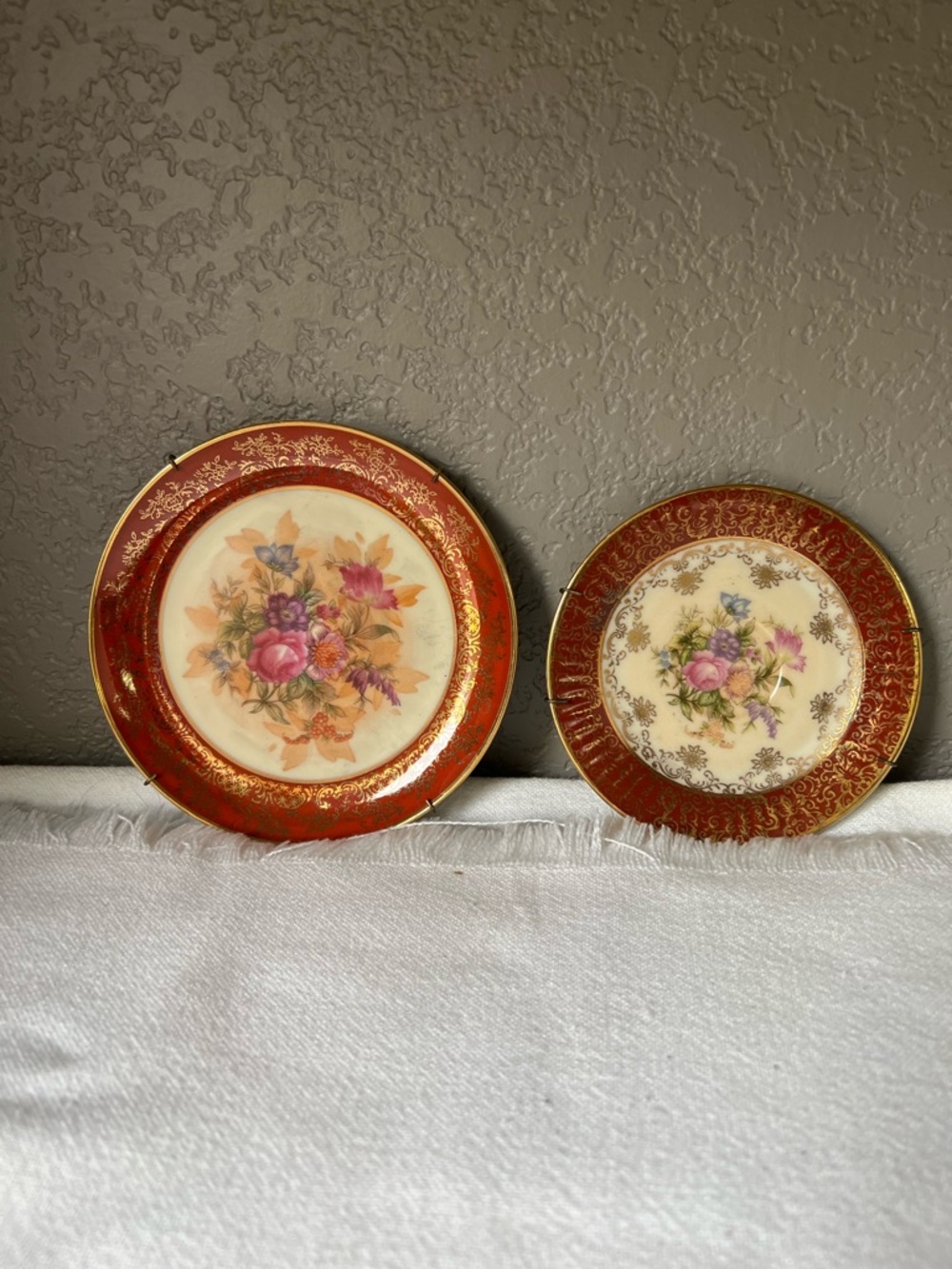 Vintage Floral Decorative Plates - Red and Gold Accent (Set of 2)